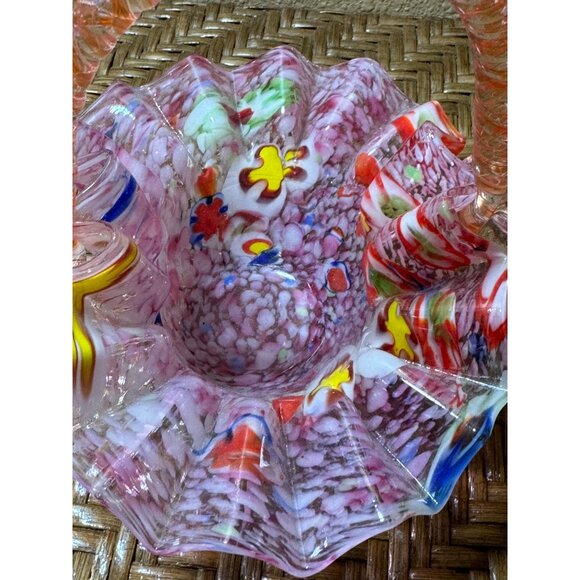 Vintage Italian Splatter Millefiori Ruffled Glass Basket Murano Polished Base - Picture 7 of 8